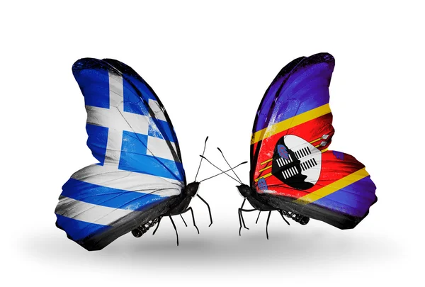 Two butterflies with flags of relations  Greece and Swaziland — Stock Photo, Image