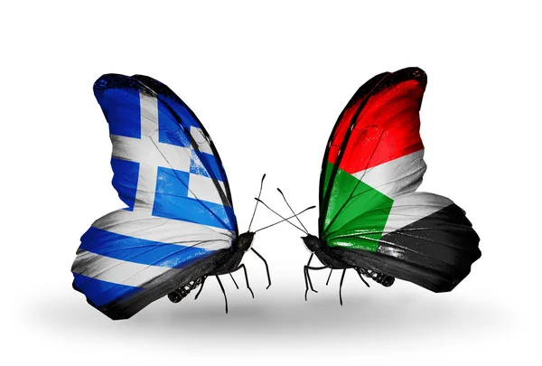 Two butterflies with flags of relations  Greece and Sudan — Stock Photo, Image