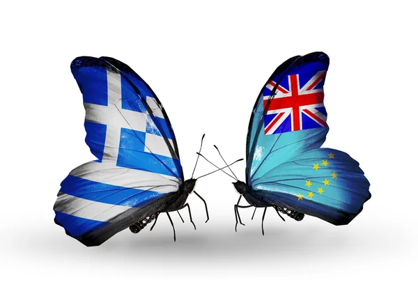 Dos mariposas con banderas de relaciones Grecia y Tuvalu —  Fotos de Stock