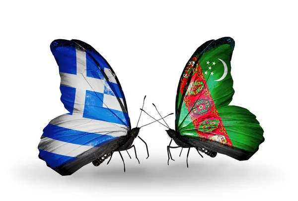 Two butterflies with flags of relations  Greece and Turkmenistan — Stock Photo, Image