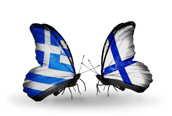 Dwa motyle z flagami stosunków, Grecji i Finlandii — Zdjęcie stockowe