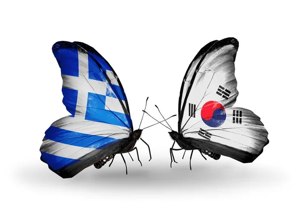 Dos mariposas con banderas de relaciones Grecia y Corea del Sur —  Fotos de Stock