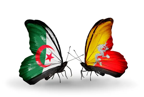 Dva motýli s vlajkami vztahů, Alžírska a Bhútán — Stock fotografie
