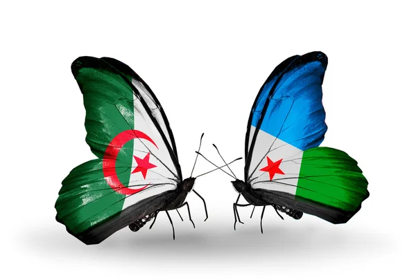 Две бабочки с флагами отношений Алжир и Джибути — стоковое фото