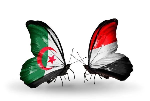 Two butterflies with flags of relations Algeria and Yemen — Stock Photo, Image