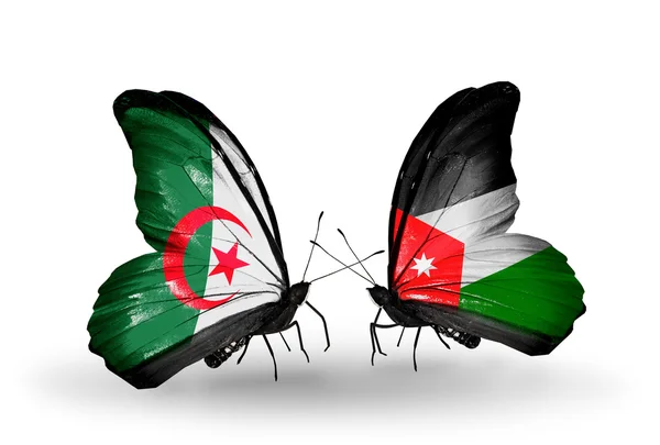 Two butterflies with flags of relations Algeria and  Jordan — Stock Photo, Image