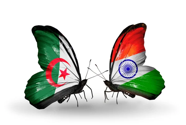 Two butterflies with flags of relations lgeria and India — Stock Photo, Image