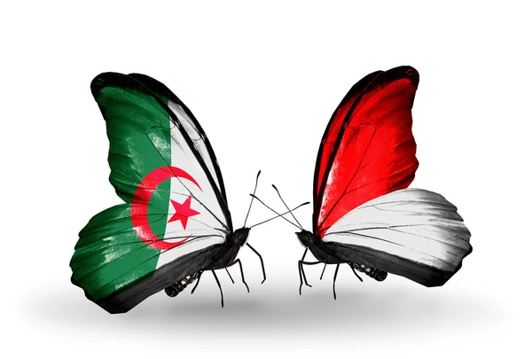 Deux papillons avec des drapeaux de relations Algérie et Monaco, Indonésie — Photo