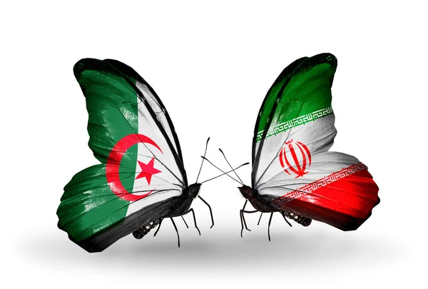 Zwei Schmetterlinge mit algerischen und iranischen Flaggen — Stockfoto