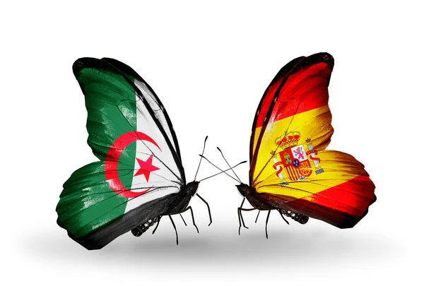 Deux papillons avec des drapeaux de relations Algérie et Espagne — Photo