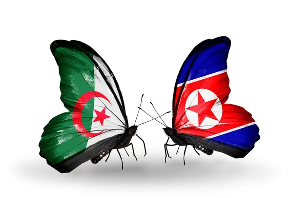 Dos mariposas con banderas de relaciones Argelia y Corea del Norte — Foto de Stock