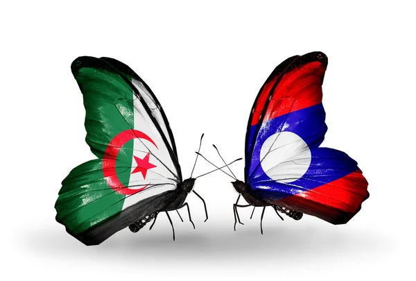 Две бабочки с флагами отношений Алжир и Лаос — стоковое фото