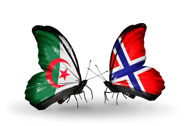 Two butterflies with flags of relations Algeria and Norway — Stock Photo, Image