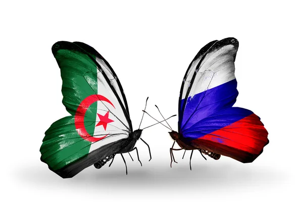 Twee vlinders met vlaggen van de betrekkingen, Algerije en Rusland — Stockfoto