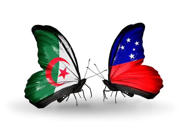 Dva motýli s vlajkami vztahů, Alžírska a samoa — Stock fotografie