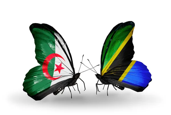 Two butterflies with flags of relations  Algeria and Tanzania — Stock Photo, Image