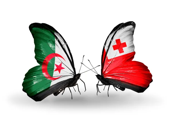 Due farfalle con bandiere di relazioni Algeria e Tonga — Foto Stock