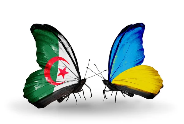Dwa motyle z flagami stosunków, Algieria i Ukraina — Zdjęcie stockowe