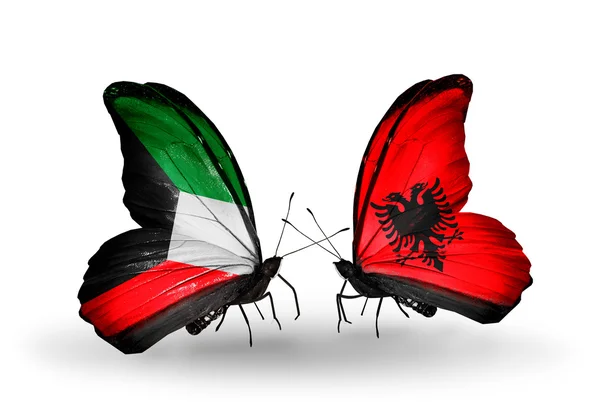 Two butterflies with flags of relations Kuwait and Albania — Stock Photo, Image