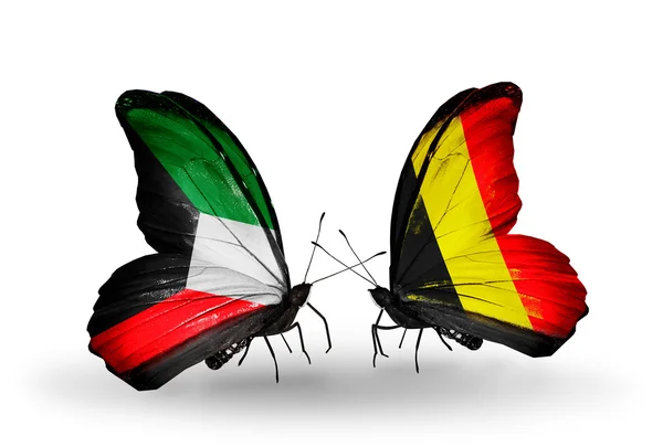 Two butterflies with flags of relations  Kuwait and Belgium — Stock Photo, Image