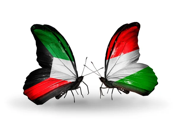 Dos mariposas con banderas de relaciones Kuwait y Hungría — Foto de Stock