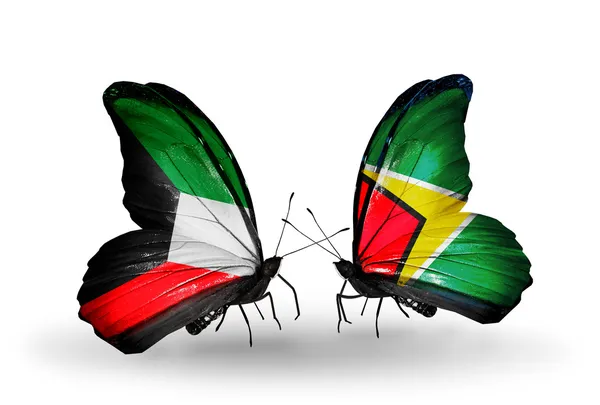 Two butterflies with flags of relations  Kuwait and Guyana — Stock Photo, Image