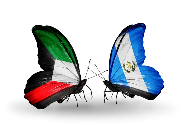 Two butterflies with flags of relations Kuwait and Guatemala — Stock Photo, Image