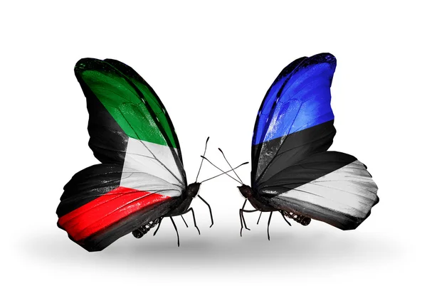 Two butterflies with flags of relations Kuwait and Estonia — Stock Photo, Image
