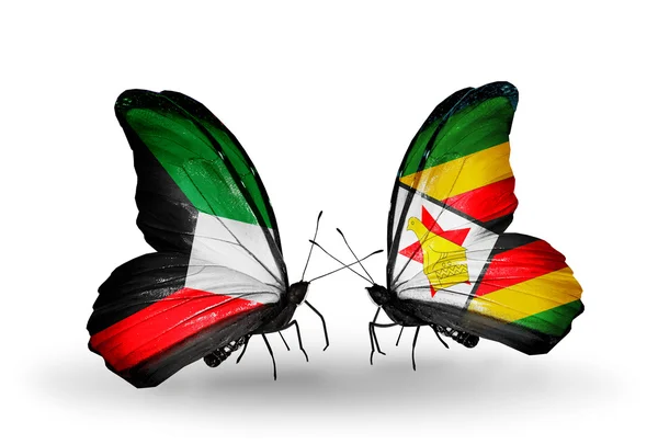 Two butterflies with flags of relations Kuwait and Zimbabwe — Stock Photo, Image