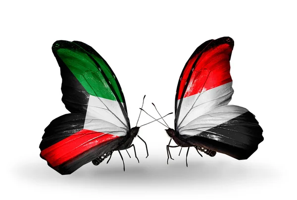 Due farfalle con bandiere di relazioni Kuwait e Yemen — Foto Stock