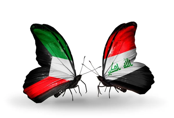 Twee vlinders met vlaggen van de betrekkingen, Koeweit en Irak — Stockfoto