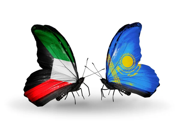 Two butterflies with flags of relations  Kuwait and Kazakhstan — Stock Photo, Image