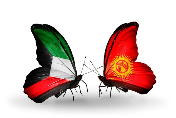 Two butterflies with flags of relations  Kuwait and Kirghiz — Stock Photo, Image