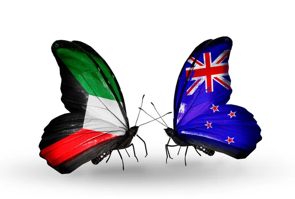 Two butterflies with flags of relations  Kuwait and New Zealand — Stock Photo, Image