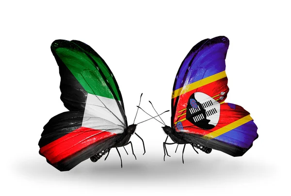 Two butterflies with flags of relations Kuwait and Swaziland — Stock Photo, Image