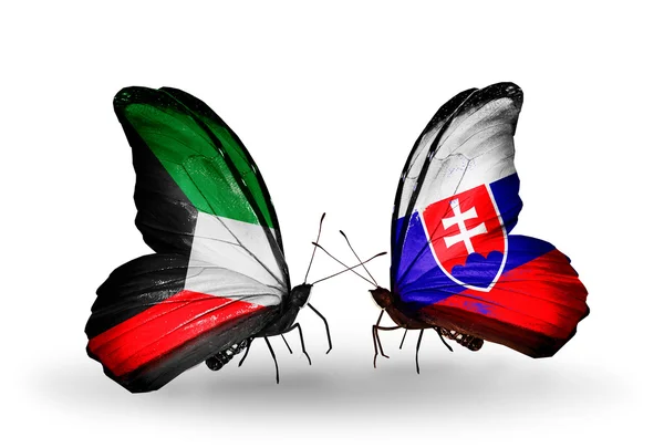 Two butterflies with flags of relations Kuwait and Slovakia — Stock Photo, Image