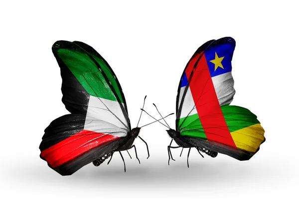Two butterflies with flags of relations  Kuwait and Central African Republic — Stock Photo, Image