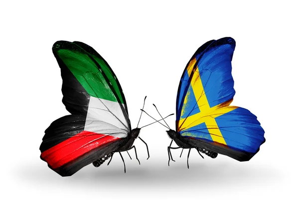 Two butterflies with flags of relations Kuwait and Sweden — Stock Photo, Image