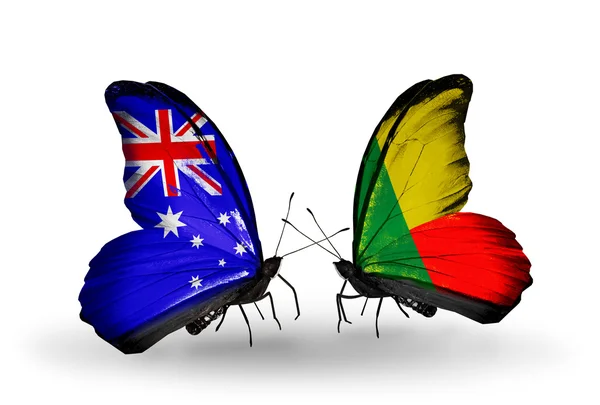 Two butterflies with flags of relations Australia and Benin — Stock Photo, Image