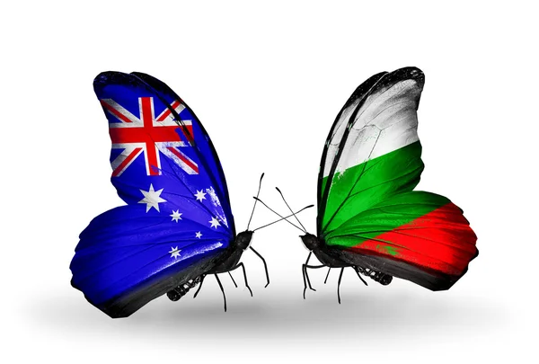 Dva motýli s vlajkami vztahů, Austrálie a Bulharsko — Stock fotografie
