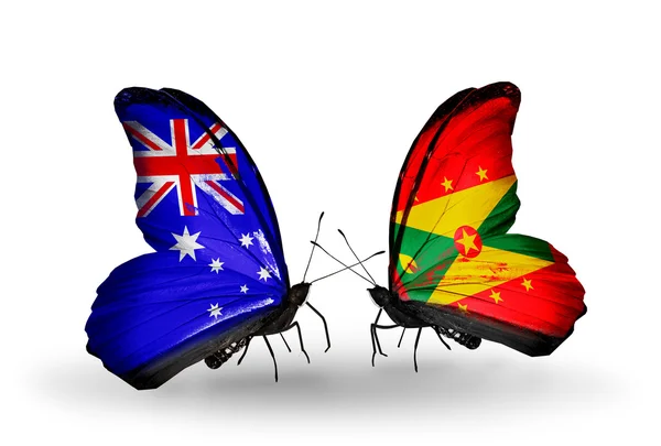 Zwei Schmetterlinge mit Flaggen der Beziehungen, Australien und grenada — Stockfoto