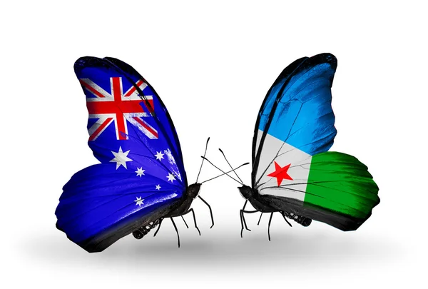 Two butterflies with flags of relations Australia and Djibouti — Stock Photo, Image