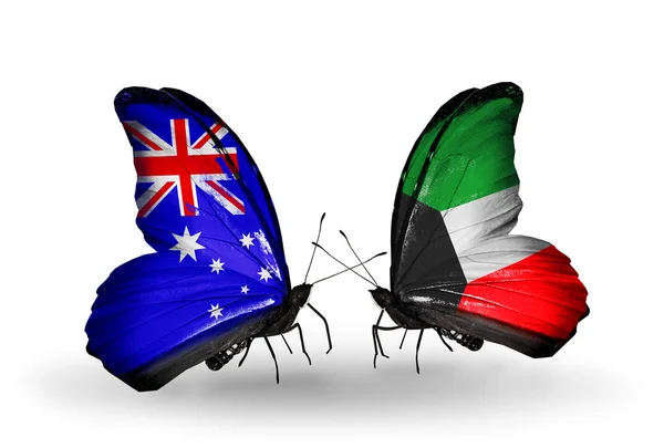 Twee vlinders met vlaggen van de betrekkingen Australië en Koeweit — Stockfoto