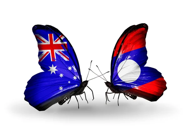 Dos mariposas con banderas de relaciones Australia y Laos — Foto de Stock