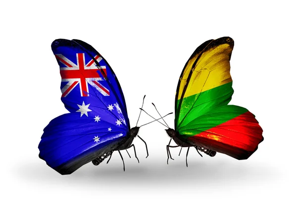 Twee vlinders met vlaggen van de betrekkingen Australië en Litouwen — Stockfoto