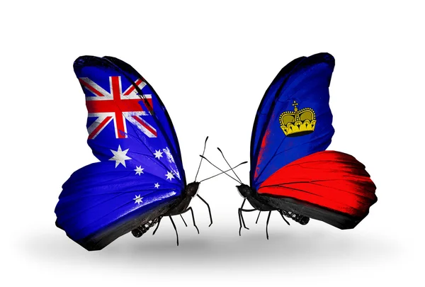 Dos mariposas con banderas de relaciones Australia y Liechtenstein —  Fotos de Stock