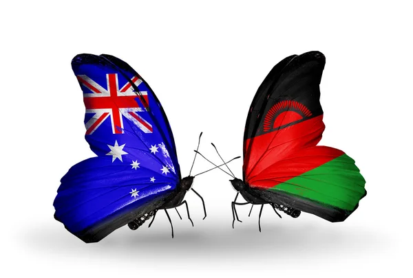 Two butterflies with flags of relations Australia and Malawi — Stock Photo, Image