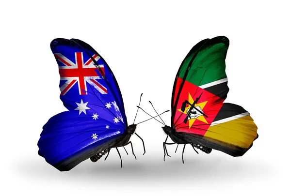 Dos mariposas con banderas de relaciones Australia y Mozambique —  Fotos de Stock