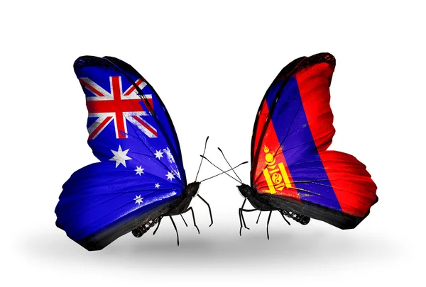 Zwei Schmetterlinge mit Fahnen der Beziehungen Australien und Mongolei — Stockfoto