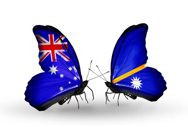 Dos mariposas con banderas de relaciones Australia y Nauru — Foto de Stock